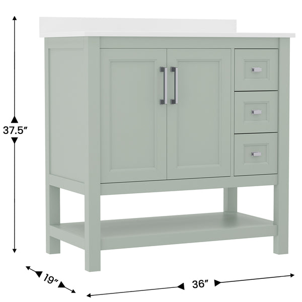 Sage Frame/Nickel Hardware,36" |#| 36 Inch Bathroom Vanity with Sink, Open Storage, and Storage Drawers in Sage