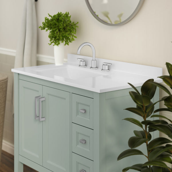 Sage Frame/Nickel Hardware,36" |#| 36 Inch Bathroom Vanity with Sink, Open Storage, and Storage Drawers in Sage