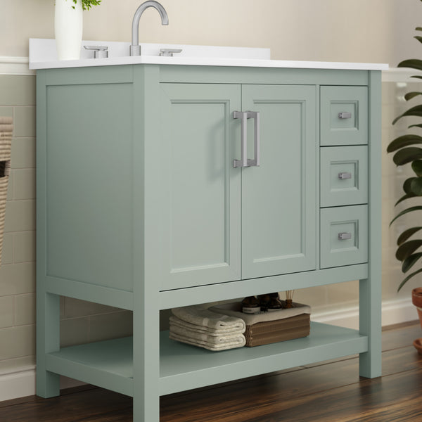 Sage Frame/Nickel Hardware,36" |#| 36 Inch Bathroom Vanity with Sink, Open Storage, and Storage Drawers in Sage
