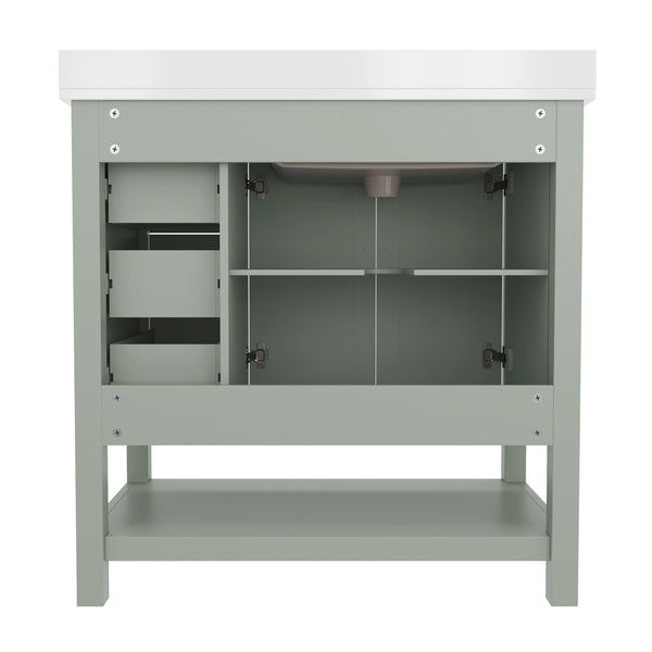 Sage Frame/Nickel Hardware,36" |#| 36 Inch Bathroom Vanity with Sink, Open Storage, and Storage Drawers in Sage