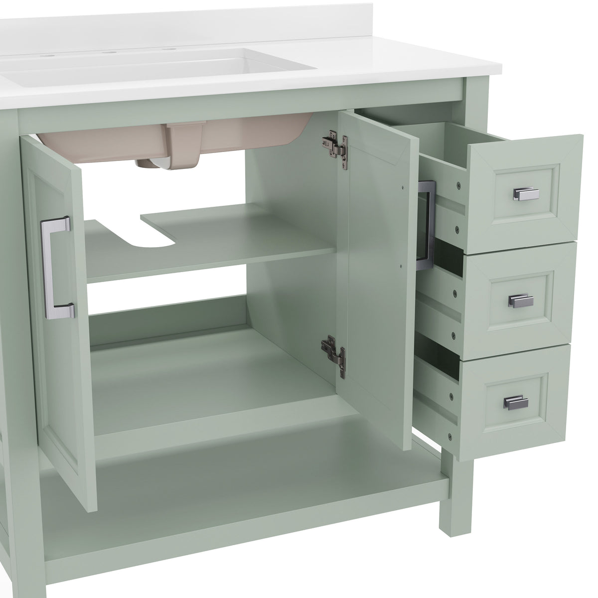 Sage Frame/Nickel Hardware,36" |#| 36 Inch Bathroom Vanity with Sink, Open Storage, and Storage Drawers in Sage