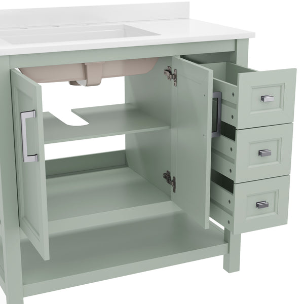 Sage Frame/Nickel Hardware,36" |#| 36 Inch Bathroom Vanity with Sink, Open Storage, and Storage Drawers in Sage