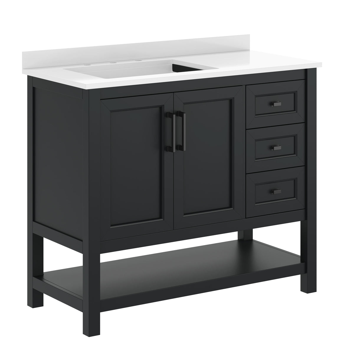 Black Frame/Black Hardware,42" |#| 42" Bathroom Vanity with Sink, Open Storage, and Storage Drawers in Black