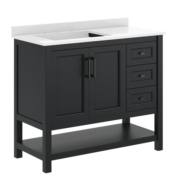 Black Frame/Black Hardware,42" |#| 42" Bathroom Vanity with Sink, Open Storage, and Storage Drawers in Black