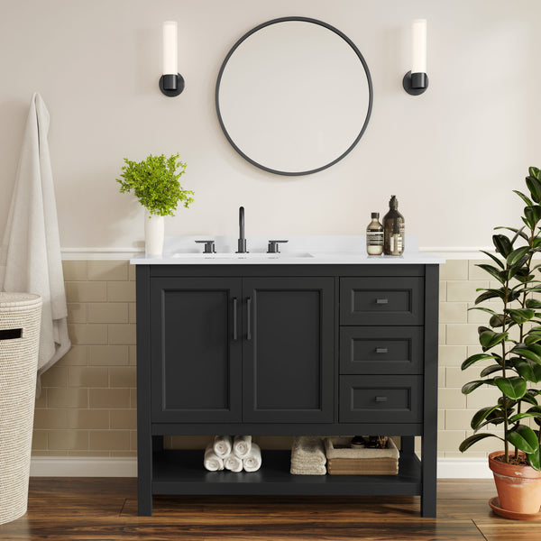 Black Frame/Black Hardware,42" |#| 42" Bathroom Vanity with Sink, Open Storage, and Storage Drawers in Black