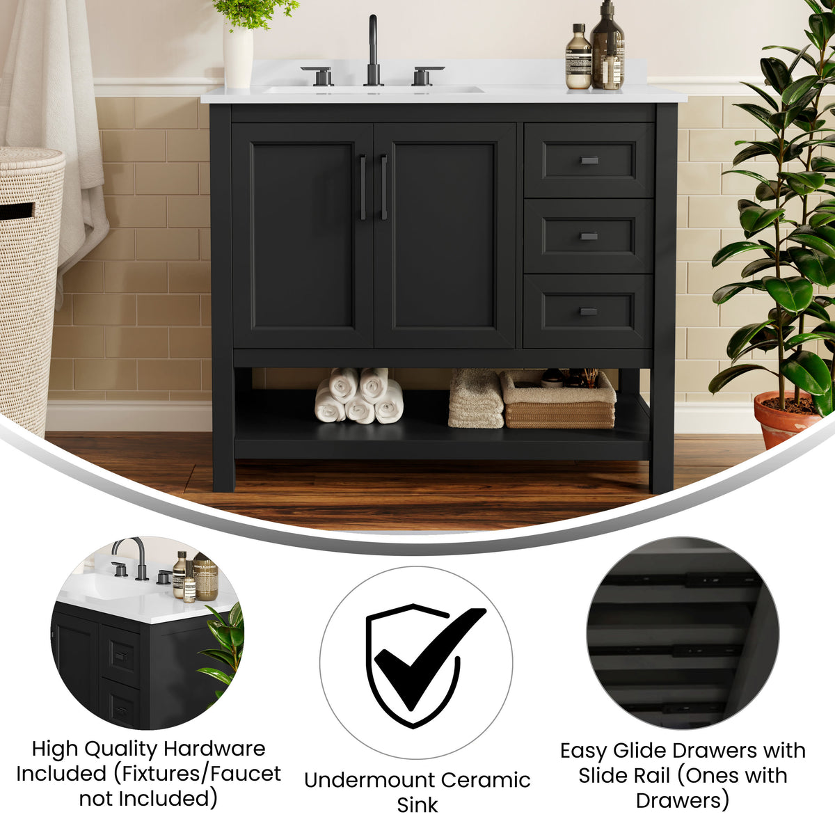 Black Frame/Black Hardware,42" |#| 42" Bathroom Vanity with Sink, Open Storage, and Storage Drawers in Black