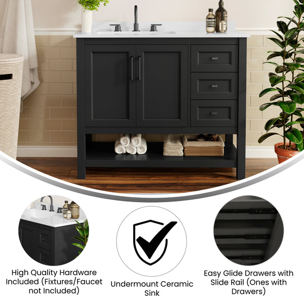 Black Frame/Black Hardware,42" |#| 42" Bathroom Vanity with Sink, Open Storage, and Storage Drawers in Black