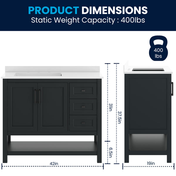Black Frame/Black Hardware,42" |#| 42" Bathroom Vanity with Sink, Open Storage, and Storage Drawers in Black