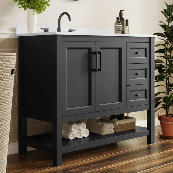 Black Frame/Black Hardware,42" |#| 42" Bathroom Vanity with Sink, Open Storage, and Storage Drawers in Black