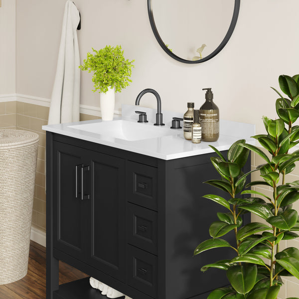 Black Frame/Black Hardware,42" |#| 42" Bathroom Vanity with Sink, Open Storage, and Storage Drawers in Black