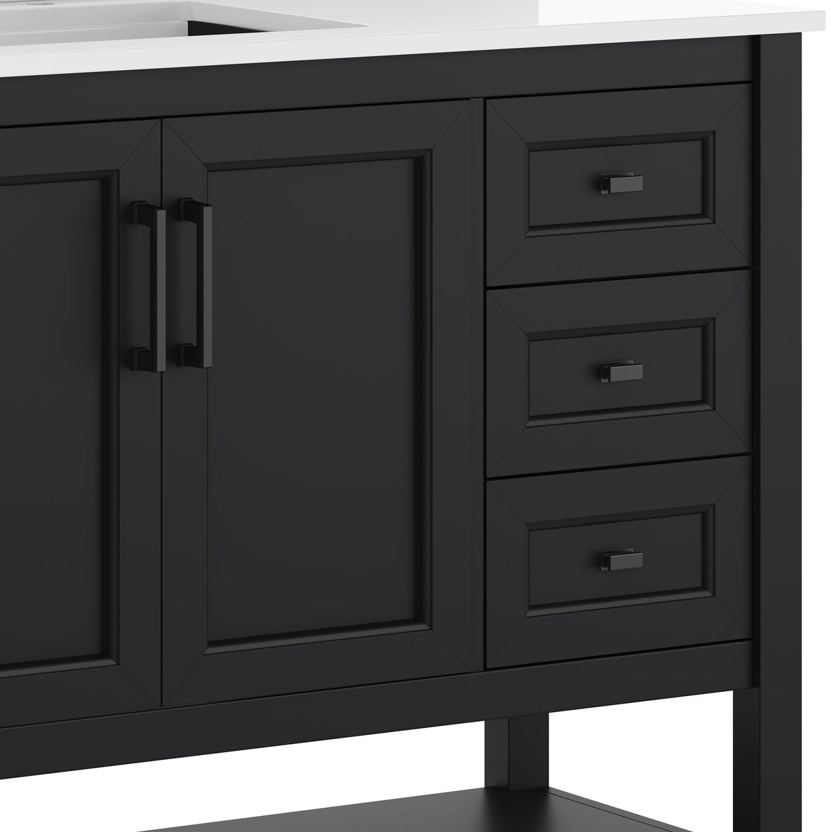 Black Frame/Black Hardware,42" |#| 42" Bathroom Vanity with Sink, Open Storage, and Storage Drawers in Black