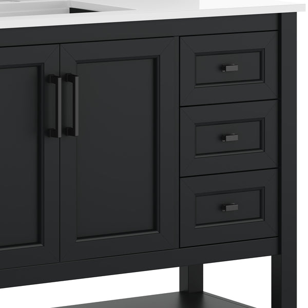 Black Frame/Black Hardware,42" |#| 42" Bathroom Vanity with Sink, Open Storage, and Storage Drawers in Black
