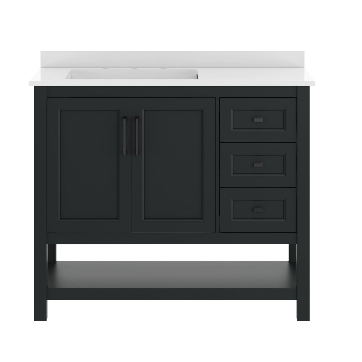 Black Frame/Black Hardware,42" |#| 42" Bathroom Vanity with Sink, Open Storage, and Storage Drawers in Black