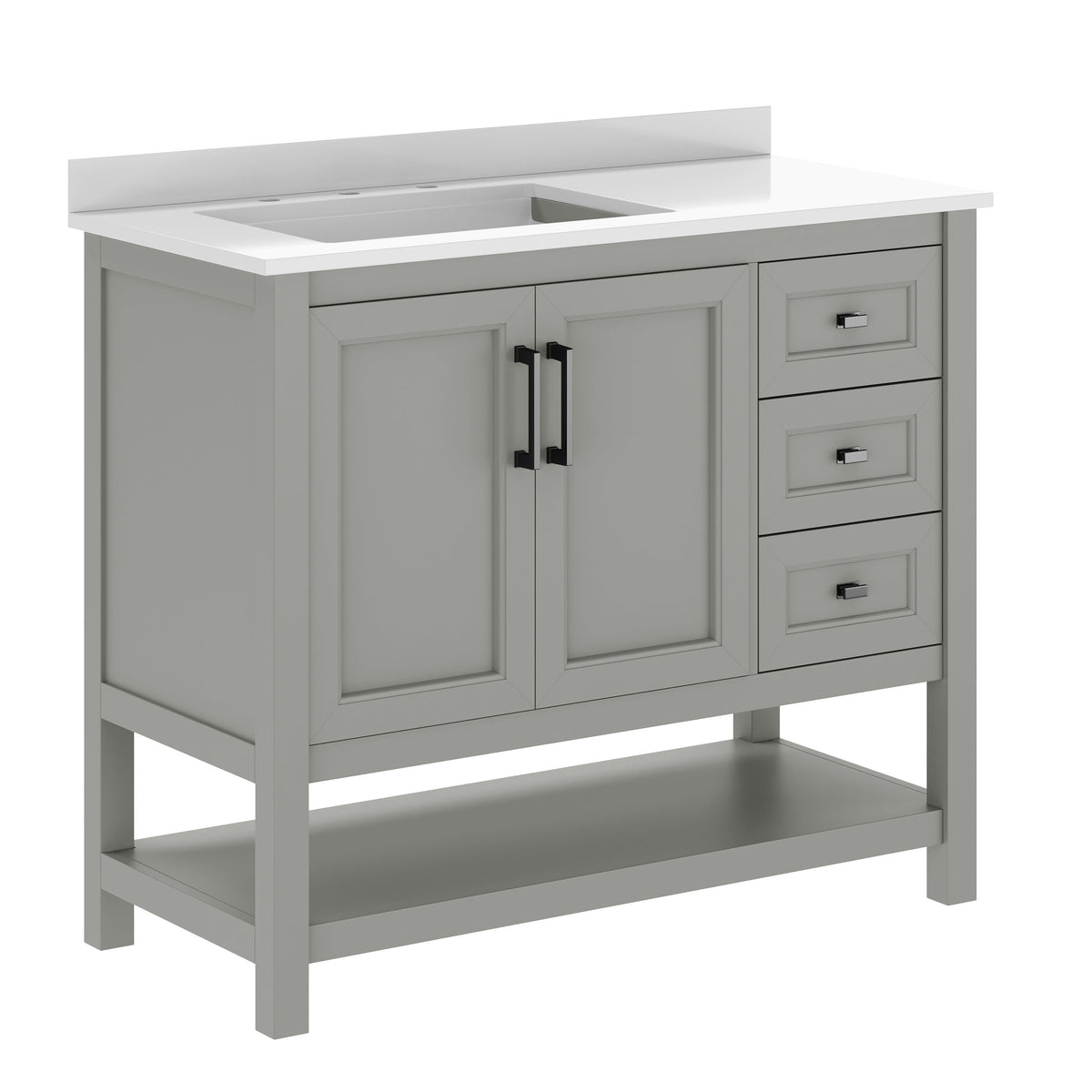 Gray Frame/Black Hardware,42" |#| 42" Bathroom Vanity with Sink, Open Storage, and Storage Drawers in Gray