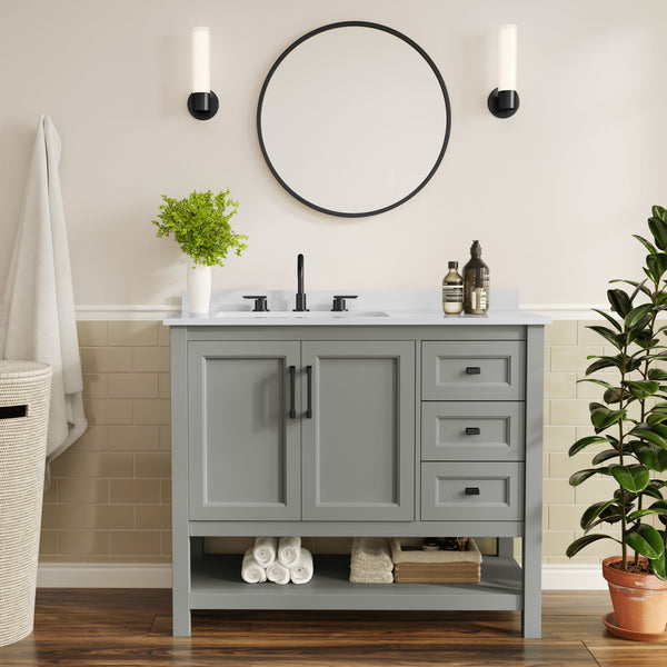 Gray Frame/Black Hardware,42" |#| 42" Bathroom Vanity with Sink, Open Storage, and Storage Drawers in Gray