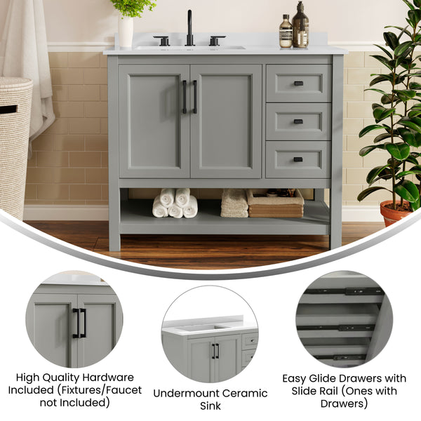 Gray Frame/Black Hardware,42" |#| 42" Bathroom Vanity with Sink, Open Storage, and Storage Drawers in Gray