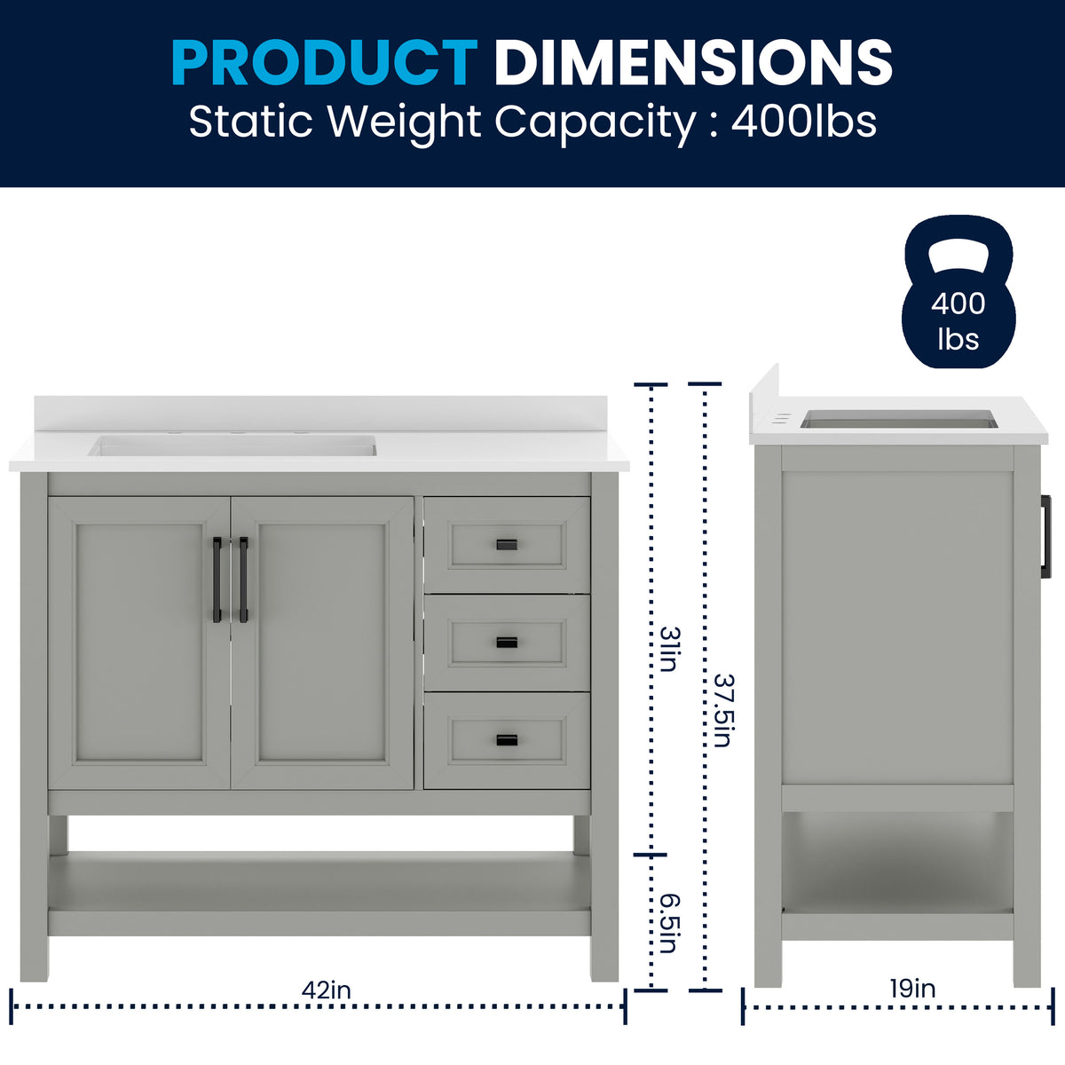 Gray Frame/Black Hardware,42" |#| 42" Bathroom Vanity with Sink, Open Storage, and Storage Drawers in Gray