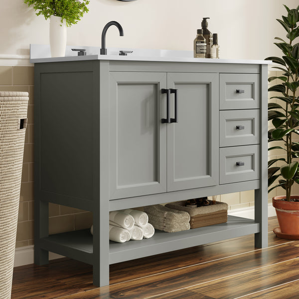 Gray Frame/Black Hardware,42" |#| 42" Bathroom Vanity with Sink, Open Storage, and Storage Drawers in Gray