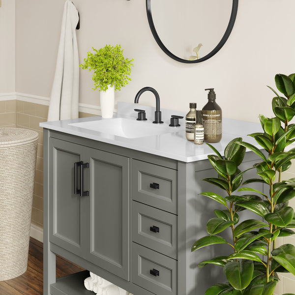 Gray Frame/Black Hardware,42" |#| 42" Bathroom Vanity with Sink, Open Storage, and Storage Drawers in Gray