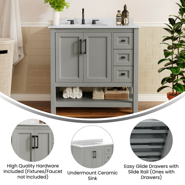 Gray Frame/Black Hardware,36" |#| 36" Bathroom Vanity with Sink, Open Storage, and Storage Drawers in Gray