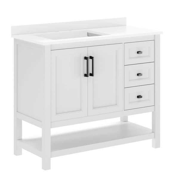 White Frame/Black Hardware,42" |#| 42" Bathroom Vanity with Sink, Open Storage, and Storage Drawers in White