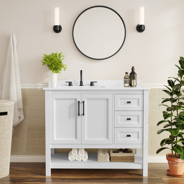 White Frame/Black Hardware,42" |#| 42" Bathroom Vanity with Sink, Open Storage, and Storage Drawers in White