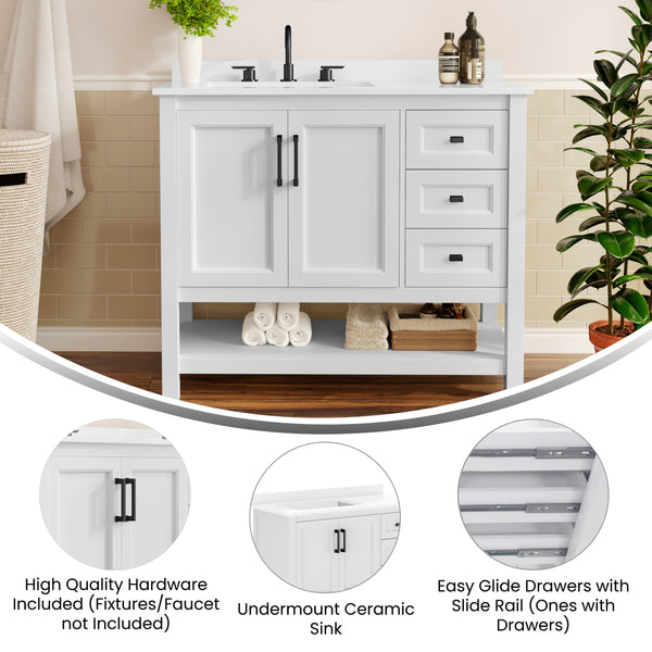 White Frame/Black Hardware,42" |#| 42" Bathroom Vanity with Sink, Open Storage, and Storage Drawers in White