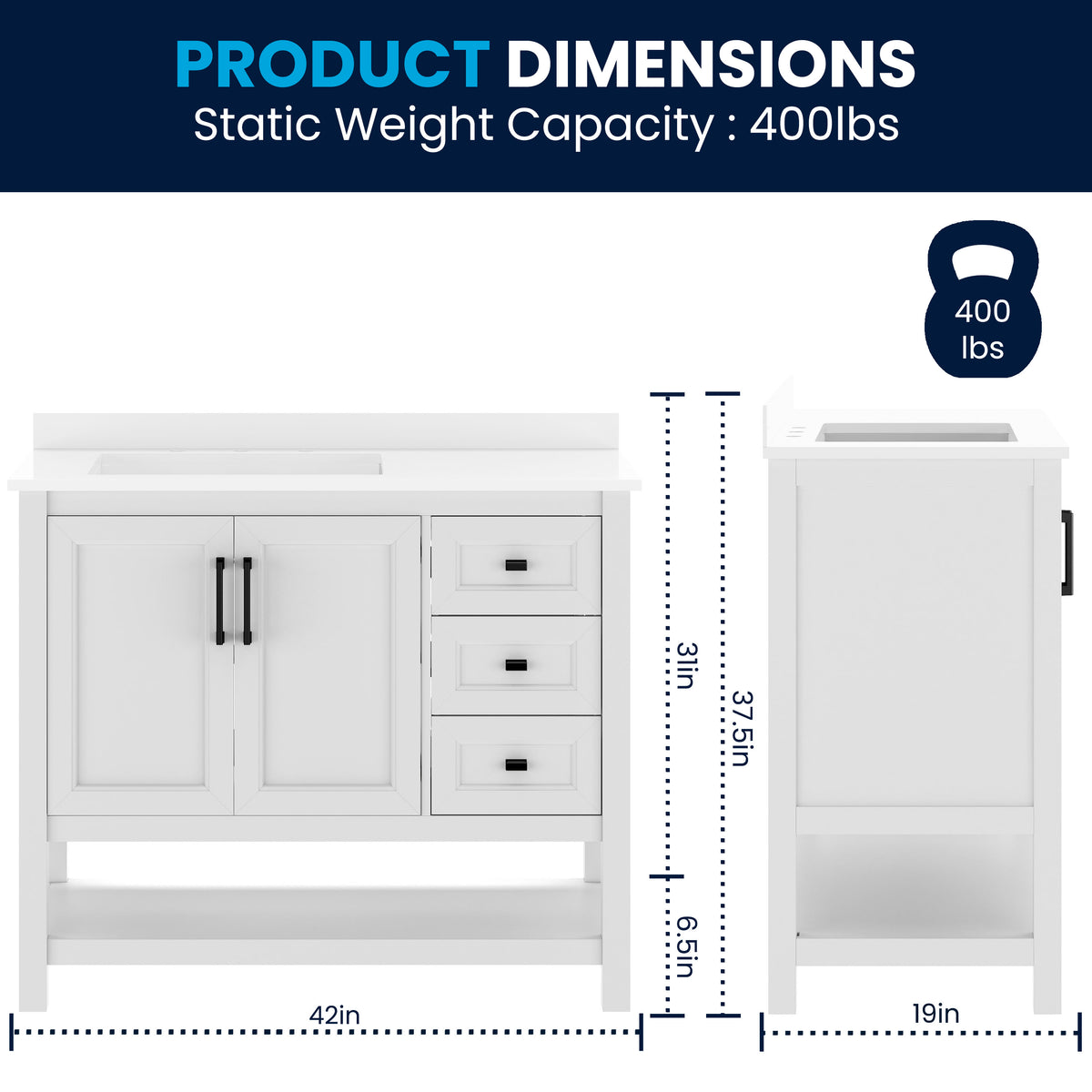 White Frame/Black Hardware,42" |#| 42" Bathroom Vanity with Sink, Open Storage, and Storage Drawers in White