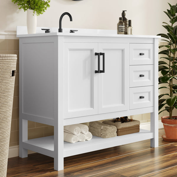 White Frame/Black Hardware,42" |#| 42" Bathroom Vanity with Sink, Open Storage, and Storage Drawers in White