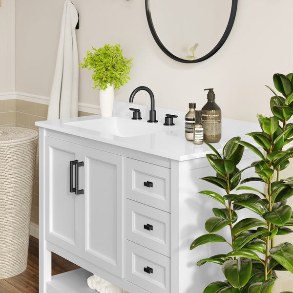 White Frame/Black Hardware,42" |#| 42" Bathroom Vanity with Sink, Open Storage, and Storage Drawers in White