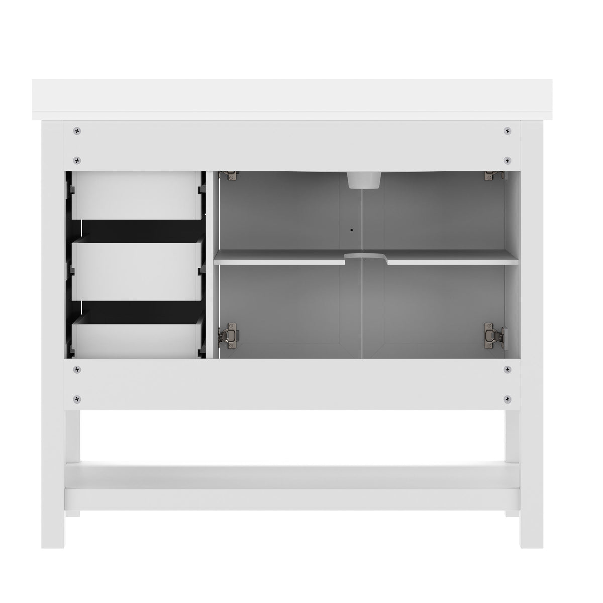 White Frame/Black Hardware,42" |#| 42" Bathroom Vanity with Sink, Open Storage, and Storage Drawers in White