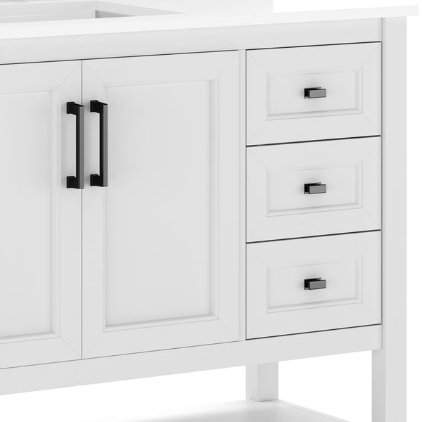 White Frame/Black Hardware,42" |#| 42" Bathroom Vanity with Sink, Open Storage, and Storage Drawers in White