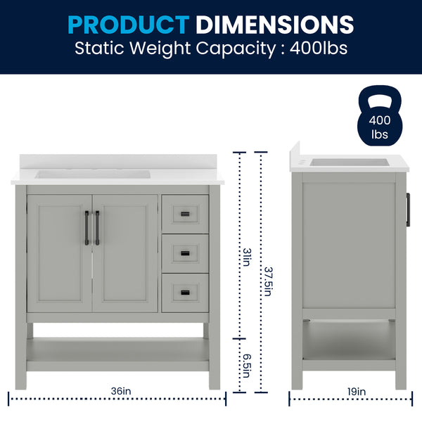 Gray Frame/Black Hardware,36" |#| 36" Bathroom Vanity with Sink, Open Storage, and Storage Drawers in Gray