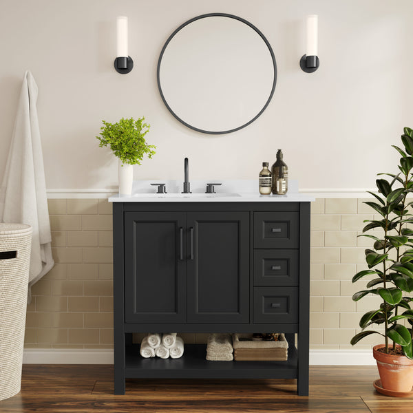 Black Frame/Black Hardware,36" |#| 36" Bathroom Vanity with Sink, Open Storage, and Storage Drawers in Black