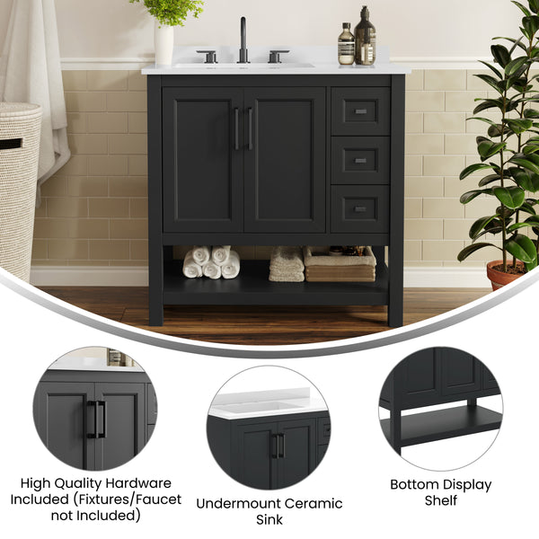 Black Frame/Black Hardware,36" |#| 36" Bathroom Vanity with Sink, Open Storage, and Storage Drawers in Black