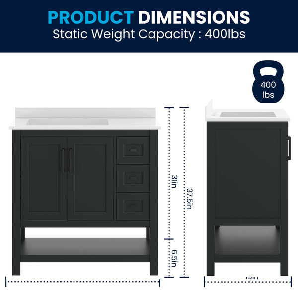 Black Frame/Black Hardware,36" |#| 36" Bathroom Vanity with Sink, Open Storage, and Storage Drawers in Black