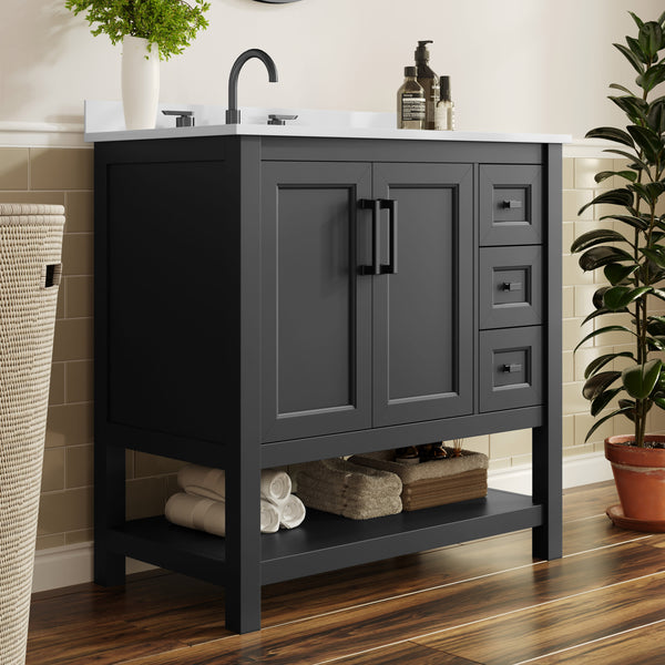 Black Frame/Black Hardware,36" |#| 36" Bathroom Vanity with Sink, Open Storage, and Storage Drawers in Black