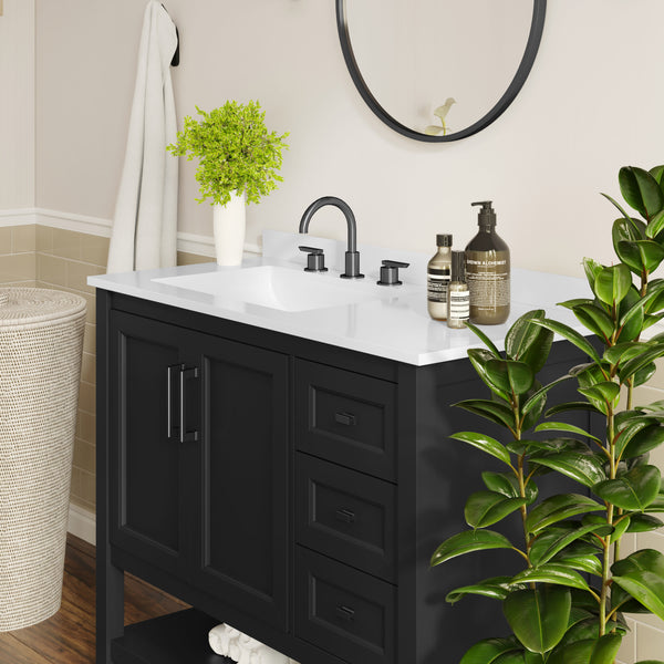 Black Frame/Black Hardware,36" |#| 36" Bathroom Vanity with Sink, Open Storage, and Storage Drawers in Black