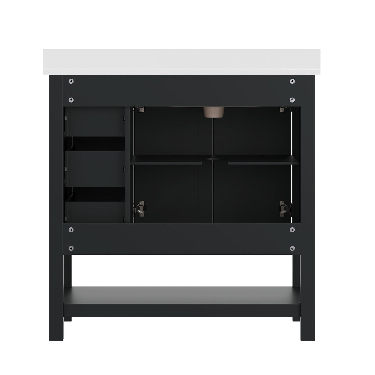 Black Frame/Black Hardware,36" |#| 36" Bathroom Vanity with Sink, Open Storage, and Storage Drawers in Black