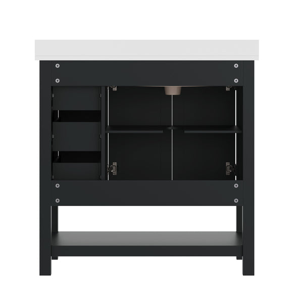 Black Frame/Black Hardware,36" |#| 36" Bathroom Vanity with Sink, Open Storage, and Storage Drawers in Black