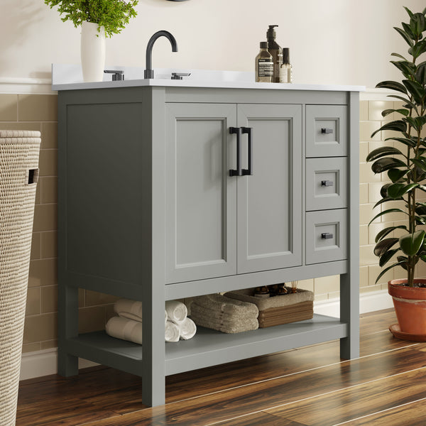 Gray Frame/Black Hardware,36" |#| 36" Bathroom Vanity with Sink, Open Storage, and Storage Drawers in Gray