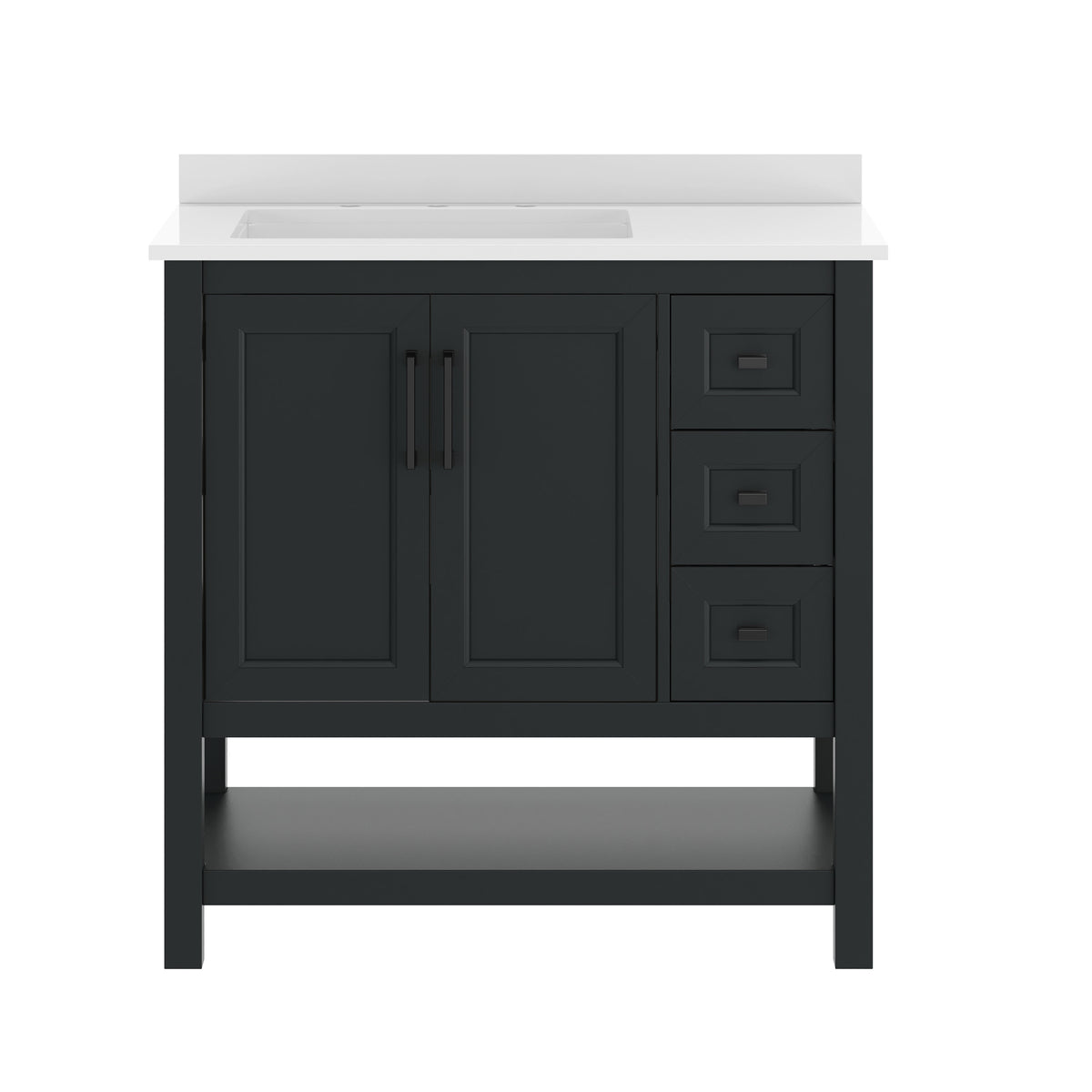 Black Frame/Black Hardware,36" |#| 36" Bathroom Vanity with Sink, Open Storage, and Storage Drawers in Black