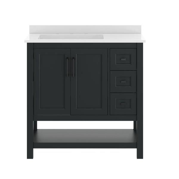 Gray Frame/Gold Hardware,36" |#| 36" Bathroom Vanity with Sink, Open Storage, and Storage Drawers in Gray