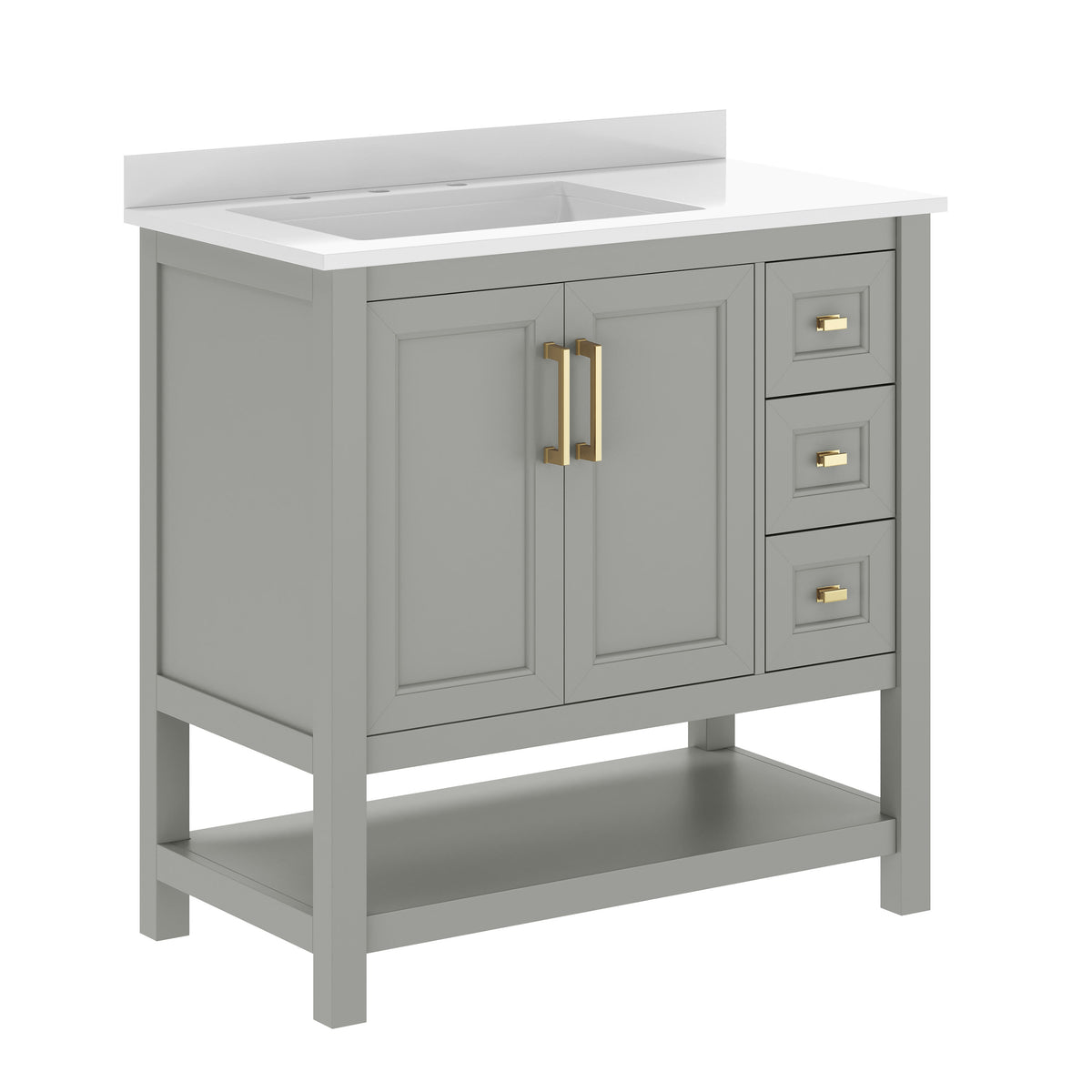 Gray Frame/Gold Hardware,36" |#| 36" Bathroom Vanity with Sink, Open Storage, and Storage Drawers in Gray