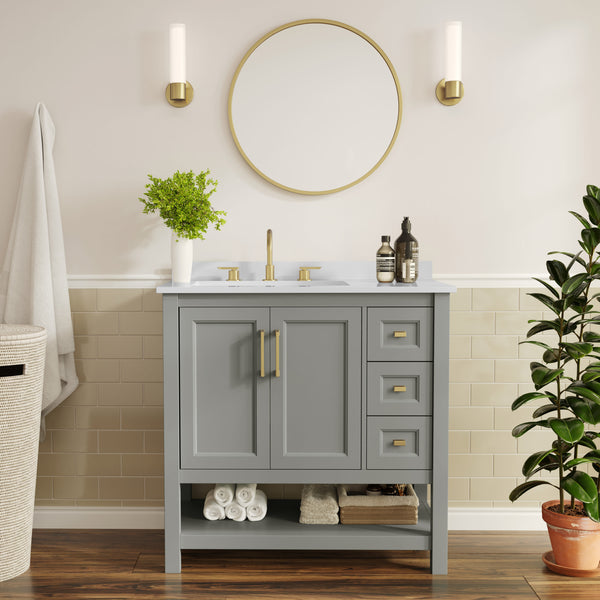 Gray Frame/Gold Hardware,36" |#| 36" Bathroom Vanity with Sink, Open Storage, and Storage Drawers in Gray
