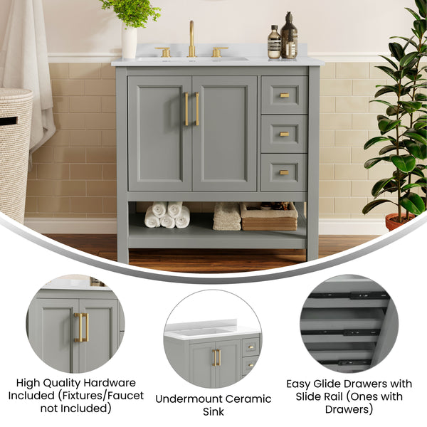 Gray Frame/Gold Hardware,36" |#| 36" Bathroom Vanity with Sink, Open Storage, and Storage Drawers in Gray