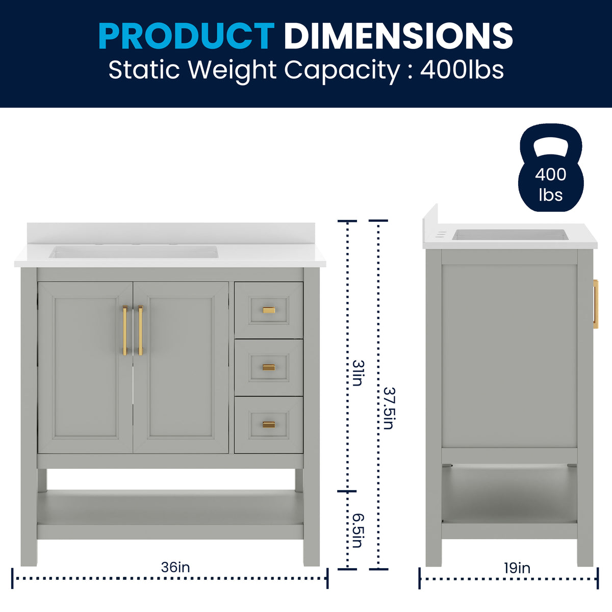 Gray Frame/Gold Hardware,36" |#| 36" Bathroom Vanity with Sink, Open Storage, and Storage Drawers in Gray