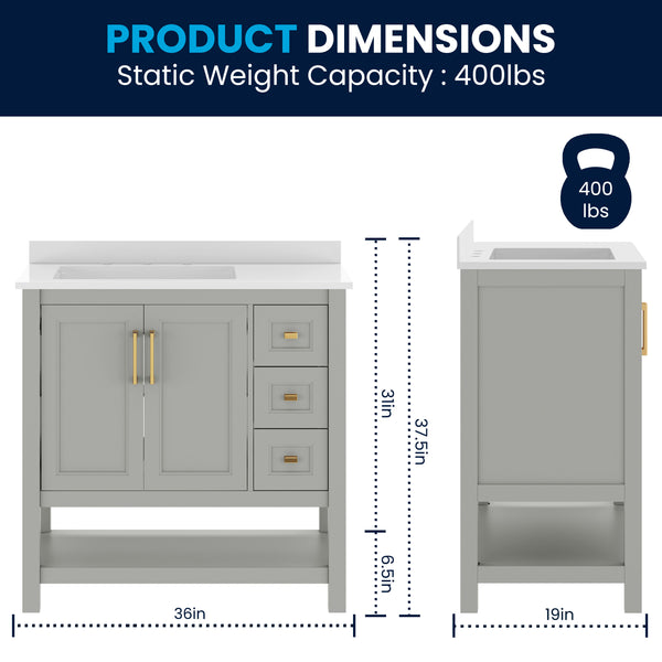 Gray Frame/Gold Hardware,36" |#| 36" Bathroom Vanity with Sink, Open Storage, and Storage Drawers in Gray