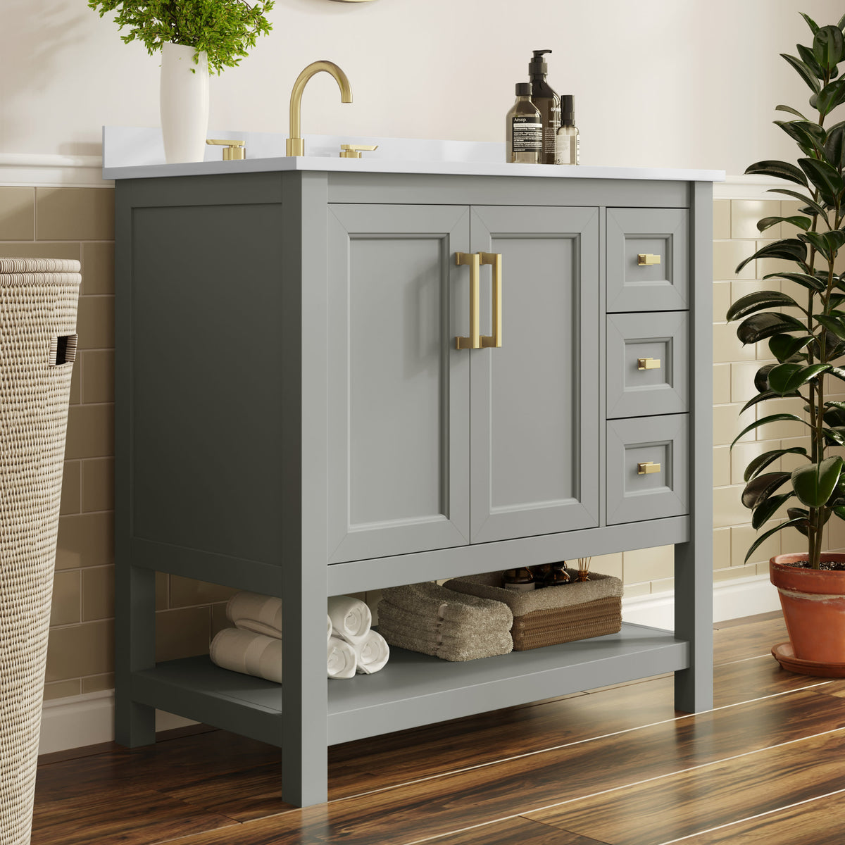 Gray Frame/Gold Hardware,36" |#| 36" Bathroom Vanity with Sink, Open Storage, and Storage Drawers in Gray