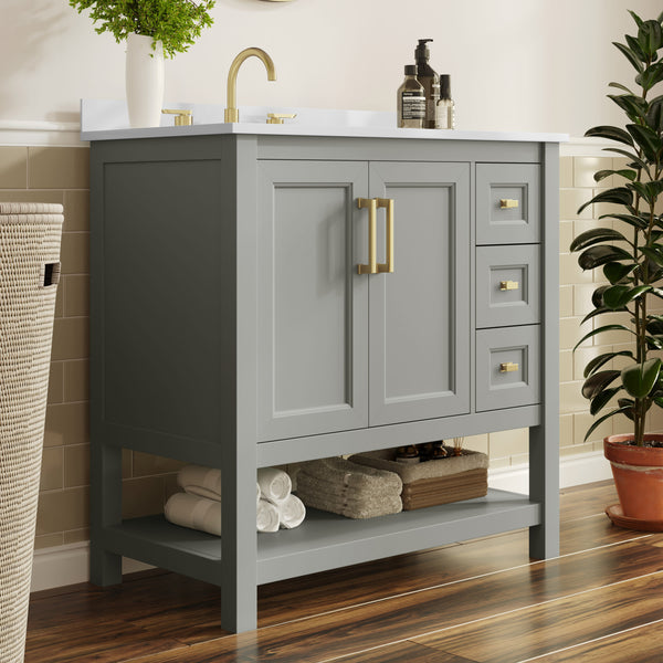 Gray Frame/Gold Hardware,36" |#| 36" Bathroom Vanity with Sink, Open Storage, and Storage Drawers in Gray